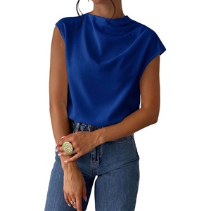 image:imageMakeMeChic Womens Draped Neck Tops Cap Sleeve Mock Neck Keyhole Work Shirt Summer BlouseBlue a