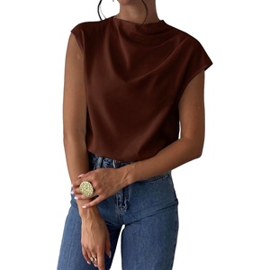 image:imageMakeMeChic Womens Draped Neck Tops Cap Sleeve Mock Neck Keyhole Work Shirt Summer BlouseBrown