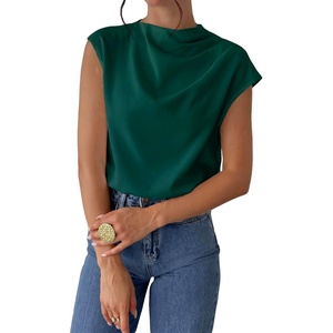 image:imageMakeMeChic Womens Draped Neck Tops Cap Sleeve Mock Neck Keyhole Work Shirt Summer BlouseDark Green
