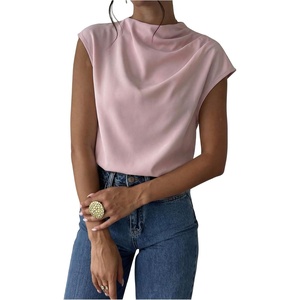 image:imageMakeMeChic Womens Draped Neck Tops Cap Sleeve Mock Neck Keyhole Work Shirt Summer BlousePink B