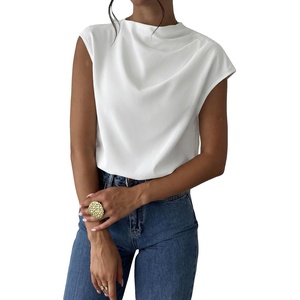 image:imageMakeMeChic Womens Draped Neck Tops Cap Sleeve Mock Neck Keyhole Work Shirt Summer BlouseWhite