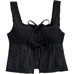 image:imageMakeMeChic Womens Eyelet Embroidery Tank Crop Tops Bow Tie Front Pleated Summer ShirtBlack