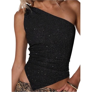 image:imageMakeMeChic Womens Glitter Off The Shoulder Tank Top Sleeveless Fitted Party Club TopsBlack