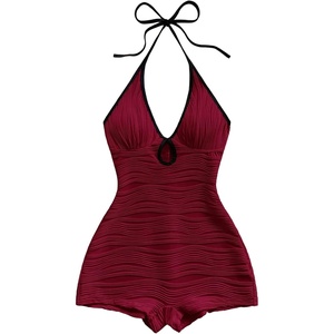 image:imageMakeMeChic Womens Halter Short Rompers Summer One Piece Jumpsuits Backless ShapewearSolid Burgundy