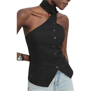 image:imageMakeMeChic Womens Halter Tops Work Button Down Vest Dressy Suit Sleeveless Tops with ScarfBlack