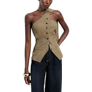 image:imageMakeMeChic Womens Halter Tops Work Button Down Vest Dressy Suit Sleeveless Tops with ScarfCoffee Brown