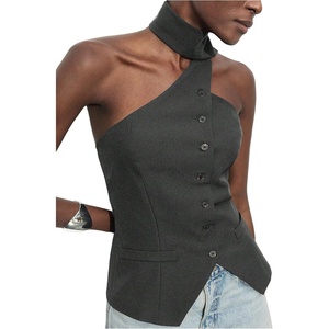 image:imageMakeMeChic Womens Halter Tops Work Button Down Vest Dressy Suit Sleeveless Tops with ScarfDark Grey