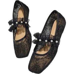 image:imageMakeMeChic Womens Lace Mesh Ballet Flats Comfortable Summer Dressy Flats Square Closed Toe ShoesPearl Black