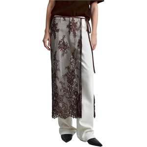 image:imageMakeMeChic Womens Lace Skirt Floral Mesh Wrap Tie Side Elegant Coverup Fall SkirtsBrown