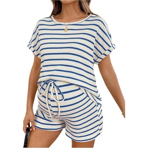 image:imageMakeMeChic Womens Maternity 2 Piece Summer Outfits Striped Crew Neck Short Sleeve Tee and Shorts Pregnancy SetsBlue