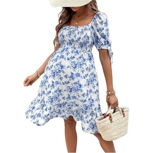 image:imageMakeMeChic Womens Maternity Dress Summer Beach Sundress Floral Puff Sleeve Baby Shower DressBlue