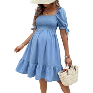 image:imageMakeMeChic Womens Maternity Dress Summer Beach Sundress Floral Puff Sleeve Baby Shower DressBlue Solid