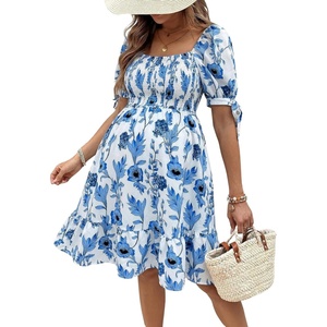 image:imageMakeMeChic Womens Maternity Dress Summer Beach Sundress Floral Puff Sleeve Baby Shower DressBlue and White