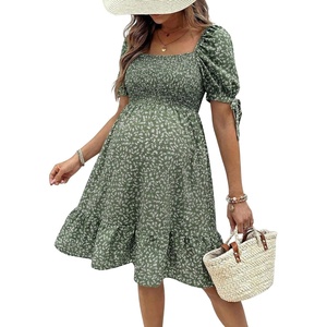 image:imageMakeMeChic Womens Maternity Dress Summer Beach Sundress Floral Puff Sleeve Baby Shower DressGreen