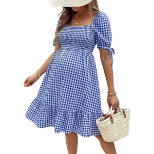 image:imageMakeMeChic Womens Maternity Dress Summer Beach Sundress Floral Puff Sleeve Baby Shower DressGrid Blue