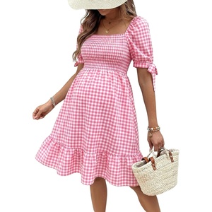 image:imageMakeMeChic Womens Maternity Dress Summer Beach Sundress Floral Puff Sleeve Baby Shower DressGrid Pink