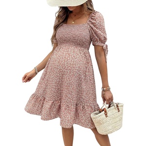 image:imageMakeMeChic Womens Maternity Dress Summer Beach Sundress Floral Puff Sleeve Baby Shower DressPink B