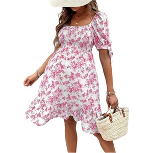 image:imageMakeMeChic Womens Maternity Dress Summer Beach Sundress Floral Puff Sleeve Baby Shower DressPink a