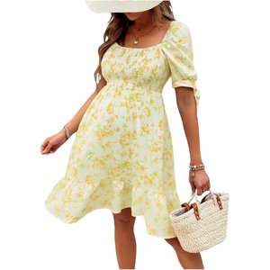 image:imageMakeMeChic Womens Maternity Dress Summer Beach Sundress Floral Puff Sleeve Baby Shower DressYellow