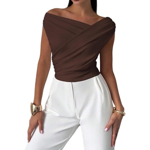 image:imageMakeMeChic Womens Off The Shoulder Tops Summer Blouses Asymmetrical Dressy TopsBrown