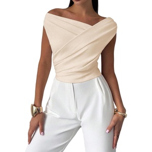 image:imageMakeMeChic Womens Off The Shoulder Tops Summer Blouses Asymmetrical Dressy TopsKhaki