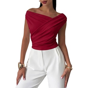 image:imageMakeMeChic Womens Off The Shoulder Tops Summer Blouses Asymmetrical Dressy TopsRed