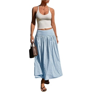 image:imageMakeMeChic Womens Plaid Gingham Maxi Skirt Low Waist Flowy Long SkirtsLight Blue