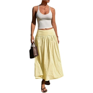 image:imageMakeMeChic Womens Plaid Gingham Maxi Skirt Low Waist Flowy Long SkirtsYellow