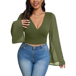 image:imageMakeMeChic Womens Plus Size Crop Top Bell Sleeve Top V Neck Wrap Blouse Party Going Out TopsArmy Green