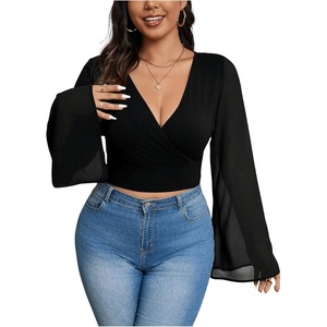 image:imageMakeMeChic Womens Plus Size Crop Top Bell Sleeve Top V Neck Wrap Blouse Party Going Out TopsBlack