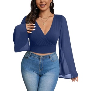 image:imageMakeMeChic Womens Plus Size Crop Top Bell Sleeve Top V Neck Wrap Blouse Party Going Out TopsBlue
