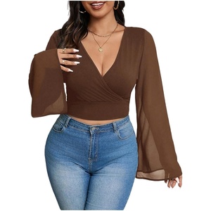 image:imageMakeMeChic Womens Plus Size Crop Top Bell Sleeve Top V Neck Wrap Blouse Party Going Out TopsBrown