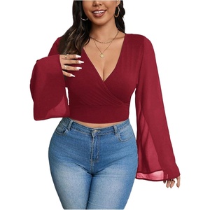 image:imageMakeMeChic Womens Plus Size Crop Top Bell Sleeve Top V Neck Wrap Blouse Party Going Out TopsBurgundy