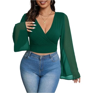 image:imageMakeMeChic Womens Plus Size Crop Top Bell Sleeve Top V Neck Wrap Blouse Party Going Out TopsGreen