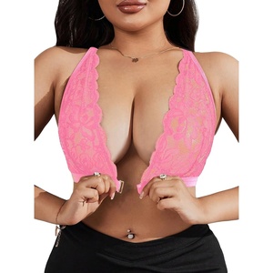 image:imageMakeMeChic Womens Plus Size Lace Bralette Front Closure Bras Wireless Deep V Triangle Sexy Lace BraHot Pink