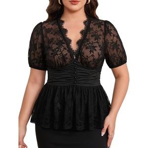 image:imageMakeMeChic Womens Plus Size Sexy Peplum Lace Tops Floral Sheer Mesh Going Out Tops Low Cut Short Sleeve TShirtBlack B