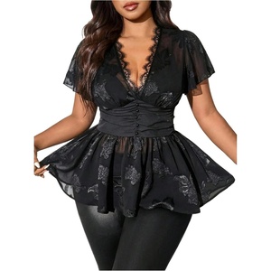 image:imageMakeMeChic Womens Plus Size Sexy Peplum Lace Tops Floral Sheer Mesh Going Out Tops Low Cut Short Sleeve TShirtBlack Solid