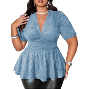 image:imageMakeMeChic Womens Plus Size Sexy Peplum Lace Tops Floral Sheer Mesh Going Out Tops Low Cut Short Sleeve TShirtBlue