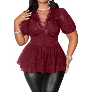 image:imageMakeMeChic Womens Plus Size Sexy Peplum Lace Tops Floral Sheer Mesh Going Out Tops Low Cut Short Sleeve TShirtBurgundy