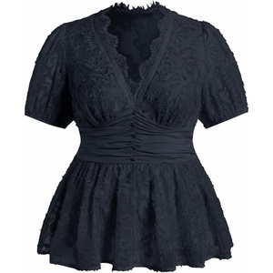 image:imageMakeMeChic Womens Plus Size Sexy Peplum Lace Tops Floral Sheer Mesh Going Out Tops Low Cut Short Sleeve TShirtDark Blue Solid