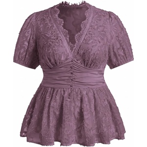 image:imageMakeMeChic Womens Plus Size Sexy Peplum Lace Tops Floral Sheer Mesh Going Out Tops Low Cut Short Sleeve TShirtDark Purple