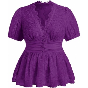 image:imageMakeMeChic Womens Plus Size Sexy Peplum Lace Tops Floral Sheer Mesh Going Out Tops Low Cut Short Sleeve TShirtPurple