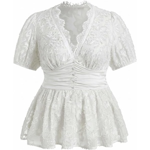 image:imageMakeMeChic Womens Plus Size Sexy Peplum Lace Tops Floral Sheer Mesh Going Out Tops Low Cut Short Sleeve TShirtWhite