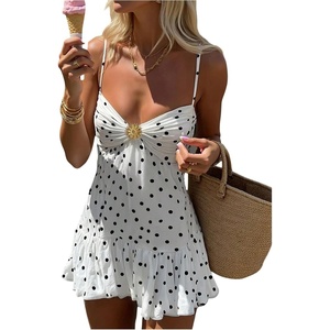 image:imageMakeMeChic Womens Polka Dots Bubble Dress Deep V Neck Ruched Ruffle Summer Mini DressesBeige