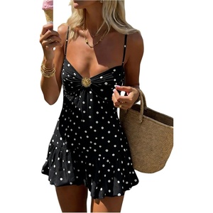 image:imageMakeMeChic Womens Polka Dots Bubble Dress Deep V Neck Ruched Ruffle Summer Mini DressesBlack