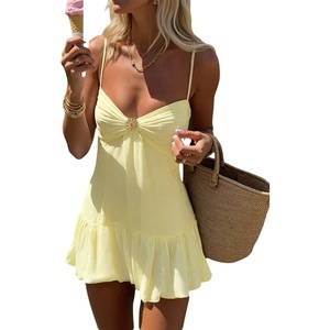 image:imageMakeMeChic Womens Polka Dots Bubble Dress Deep V Neck Ruched Ruffle Summer Mini DressesSolid Yellow