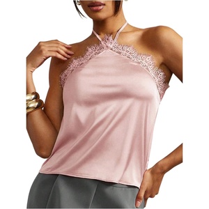 image:imageMakeMeChic Womens Satin Halter Tops Silk Lace Trim Tie Backless Going Out Tank TopPink