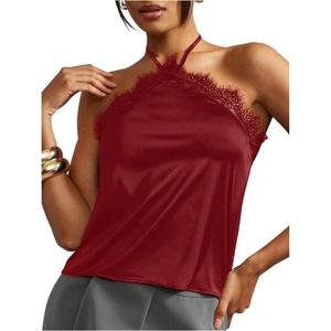 image:imageMakeMeChic Womens Satin Halter Tops Silk Lace Trim Tie Backless Going Out Tank TopRed