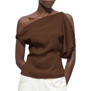 image:imageMakeMeChic Womens Satin Off The Shoulder Dressy Top Sleeveless Tie Back Elegant Tank TopsBrown