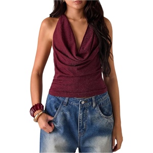 image:imageMakeMeChic Womens Sparkly Open Back Halter Tops Cowl Neck Sleeveless Sexy Y2k Party Club TopBurgundy